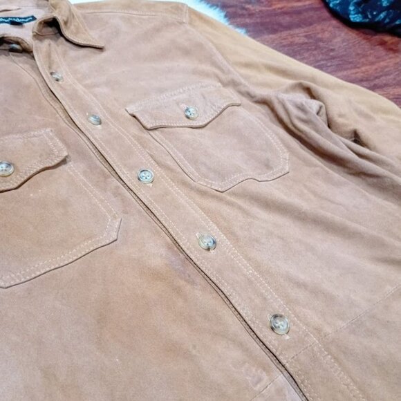 Bullock & Jones Mens Medium Suede Button-Up Shirt In Tan With Double Flap Pocket - Picture 10 of 16